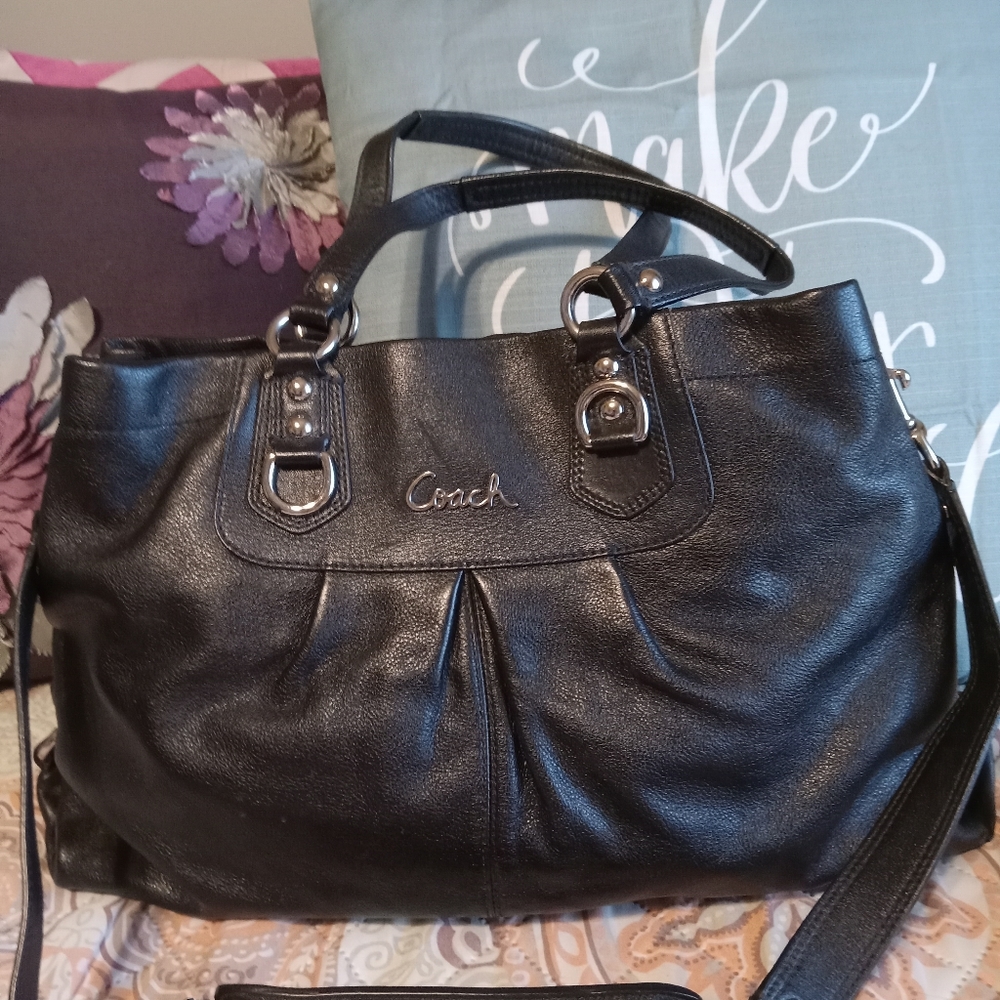 Genuine leather Black Ashley Coach satchel with crossbody strap.